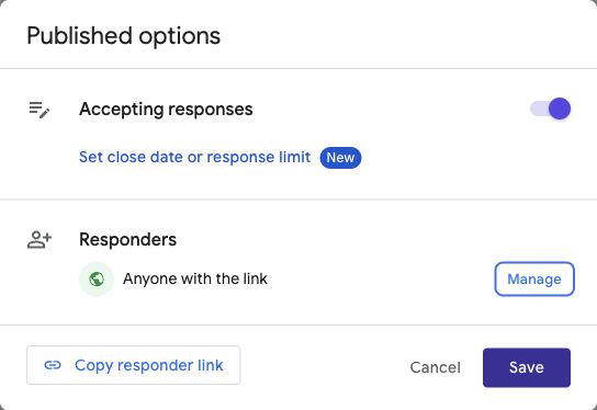 Google Forms Published options shows Accepting responses, the responder audience, and Copy responder link.