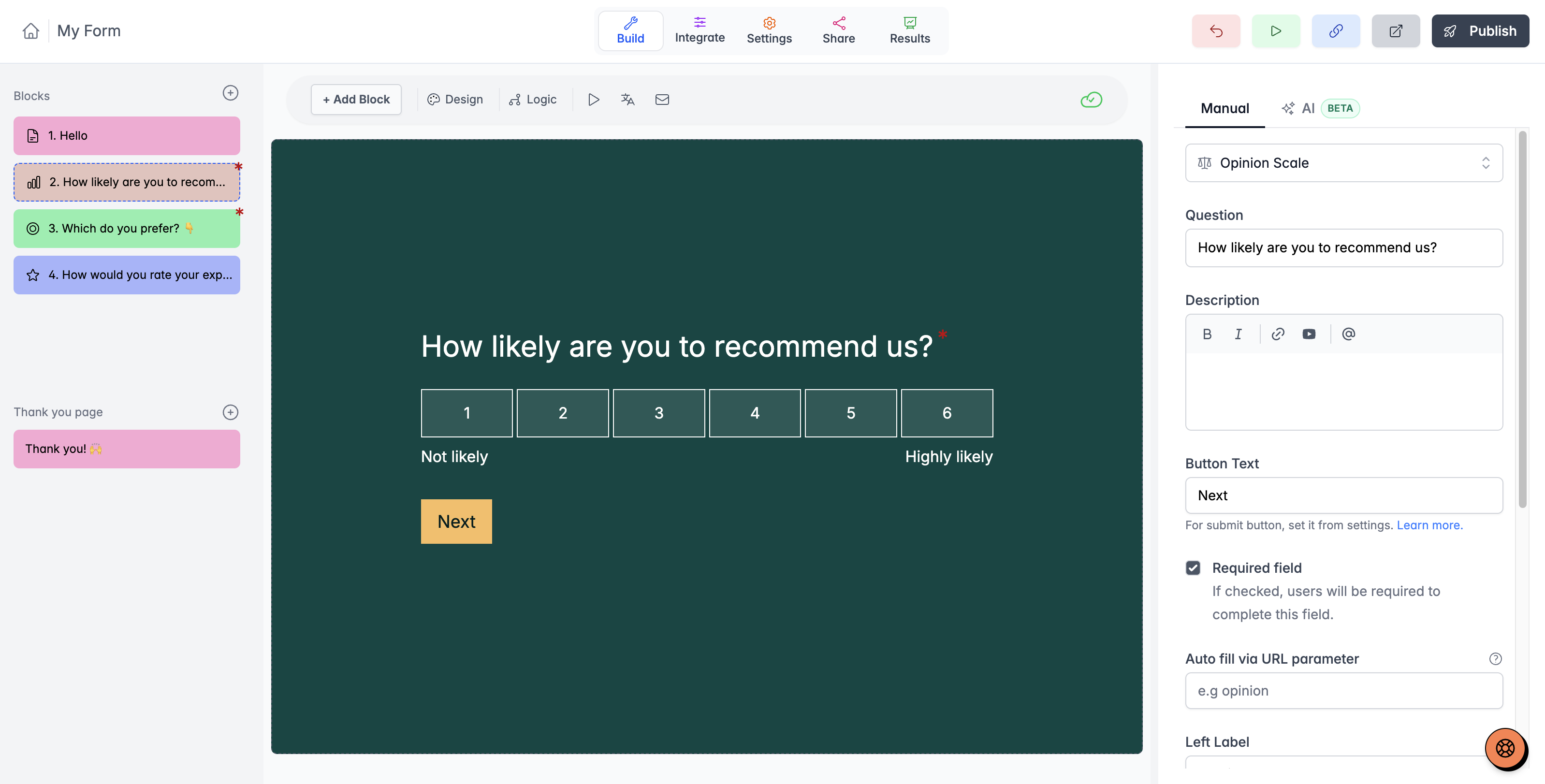 Youform’s editor with question blocks, a form preview, and customization settings