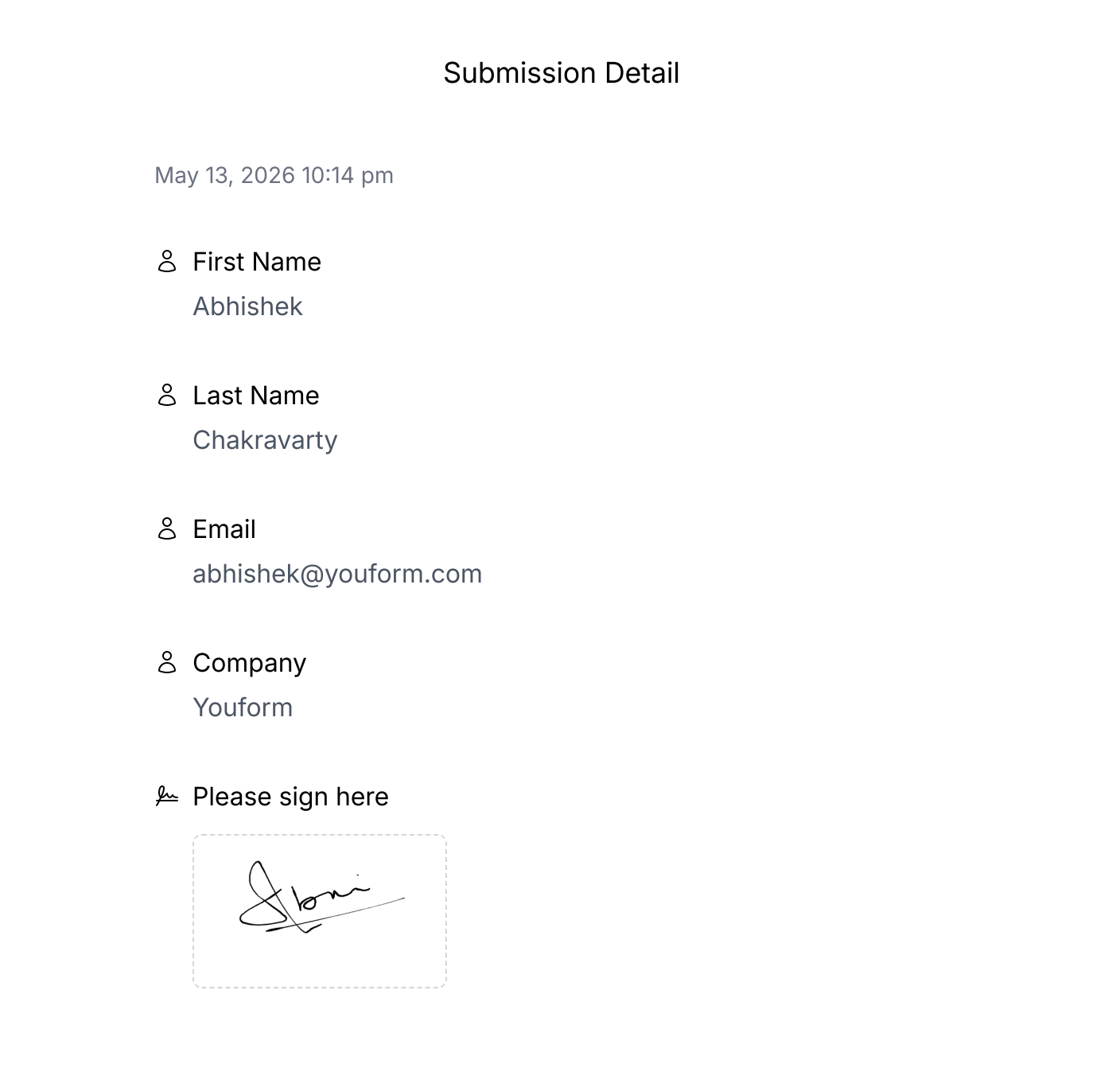 Sample Youform signed submission PDF with respondent name, email, company, and drawn signature